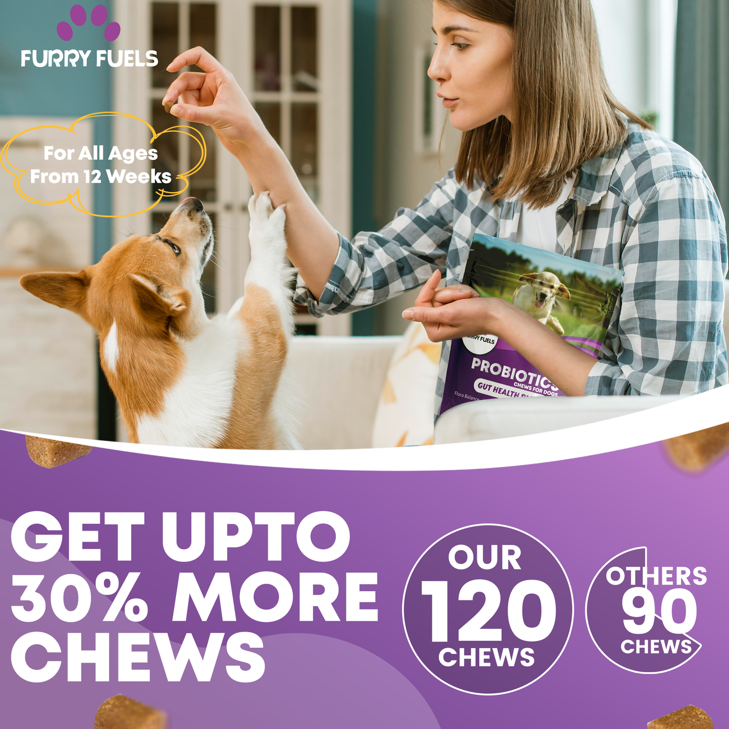 FURRY FUEL Probiotic Chews for Dogs - Chicken Flavor - 120 Chews