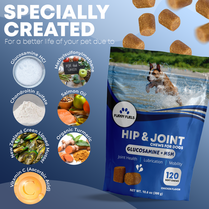 FURRY FUEL Hip & Joint Chews for Dogs - Chicken Flavor - 120 Chews